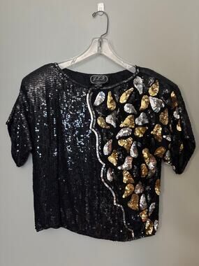 J.L.B Paris Hong Kong 100% Silk Fully Sequined Top 1980's Size Med